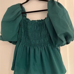 Vine & Love Teal Smocked Puff Sleeve Blouse